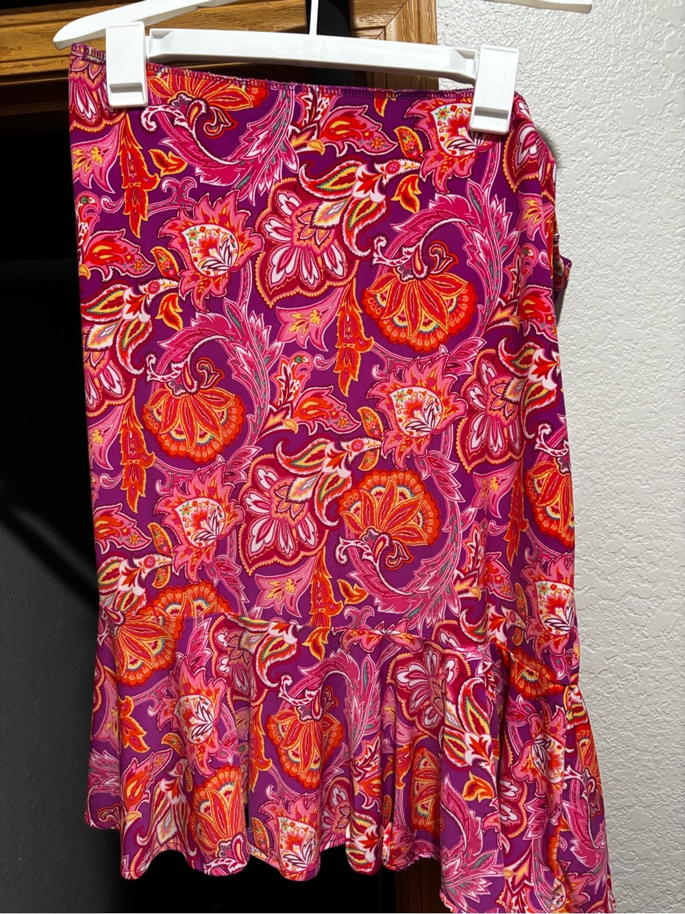 Chaps Pink Paisley Ruffle-Hem Skirt with Orange Accents